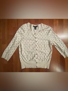 White House Black Market Cream Cardigan with Black Polka Dots